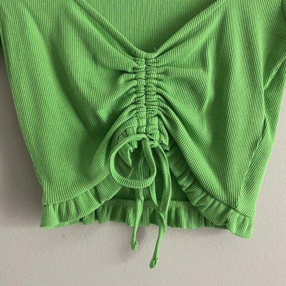 Zara Women M Green Ribbed Y2K Short Sleeve Ruffle Cinched Tie Front Crop Top - Picture 3 of 7